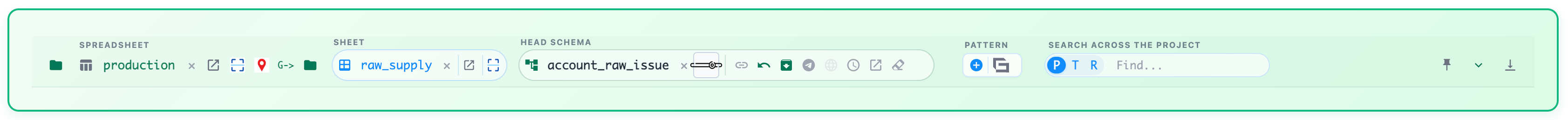 The real GUBUS Project Strip showing spreadsheet, sheet, head schema, patterns, search and view controls